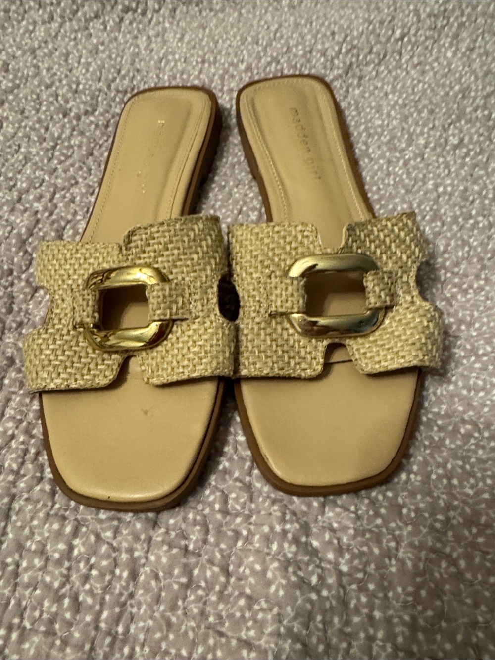 Madden Girl Beige Woven Slide sandals with Gold Buckle
